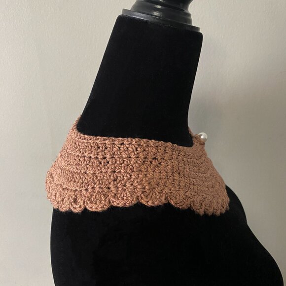 Handmade Crochet Brown Copper Faux Pearl Cotton Collar Neckwear Accessory - Picture 5 of 7